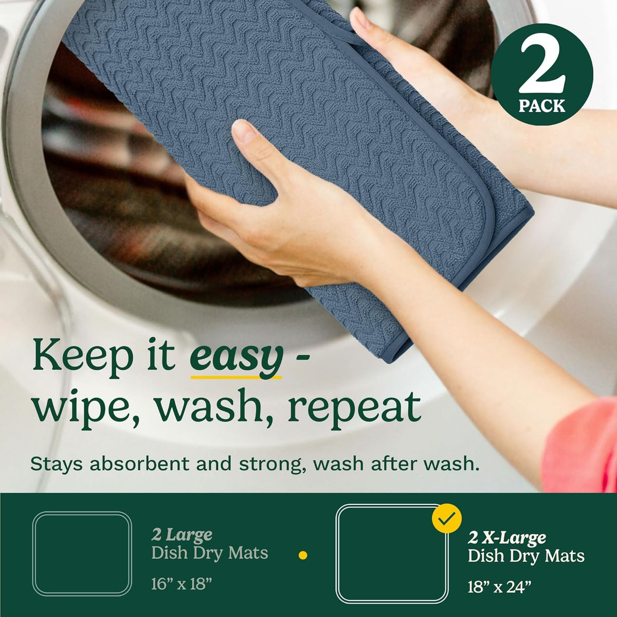 Cuisinart Dish Drying Mats for Kitchen Counter - (2) 18" x 24" Ultra Absorbent Dish Drying Mat XL - Foldable, Machine Washable, Fast Drying Dish Mat (Geostripe)