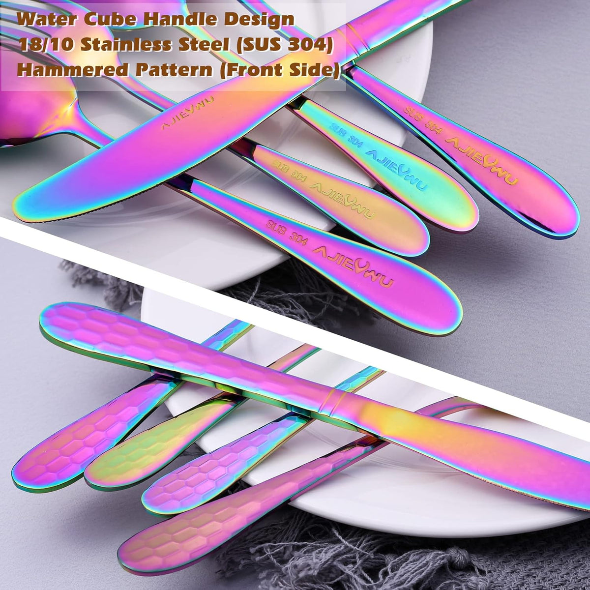 Hammered Silverware Set 20 Pieces, 18/10 Stainless Steel Colorful Silverware Set, Tableware Flatware Set for 4, Utensils Set Include Knife/Fork/Spoon, Mirror Polished, Dishwasher Safe (Rainbow)
