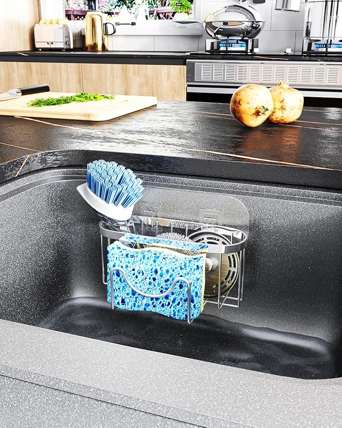 HapiRm Multifunctional Adhesive Kitchen Sink Organizer with M-Shaped, 2 Installation Methods Kitchen Sponge Holder, Rustproof Sponge Caddy for Brush, Sink Stopper and Scraper -Silver