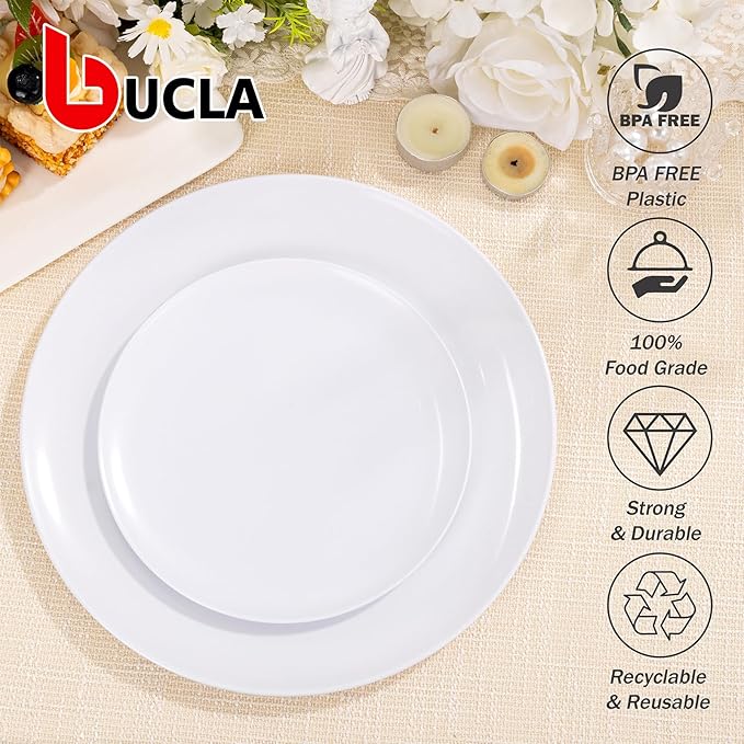 bUCLA 200PCS White Plastic Plates - Heavy Duty White Disposable Include 100 Dinner 10inch & 100 Dessert 7inch Plates, Ideal for Wedding&Party