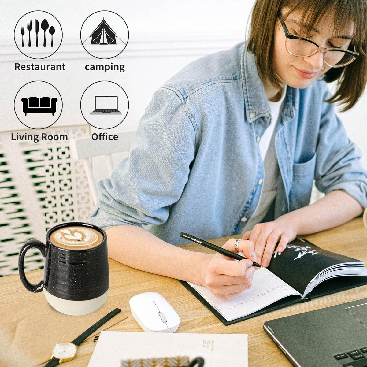 Hasense Large Coffee Mug, 20 oz Ceramic Coffee Cup with Comfortable Handle for Office and Home, Ideal for Coffee Tea Latte, Dishwasher Microwave Safe, 1 PCS(Black)