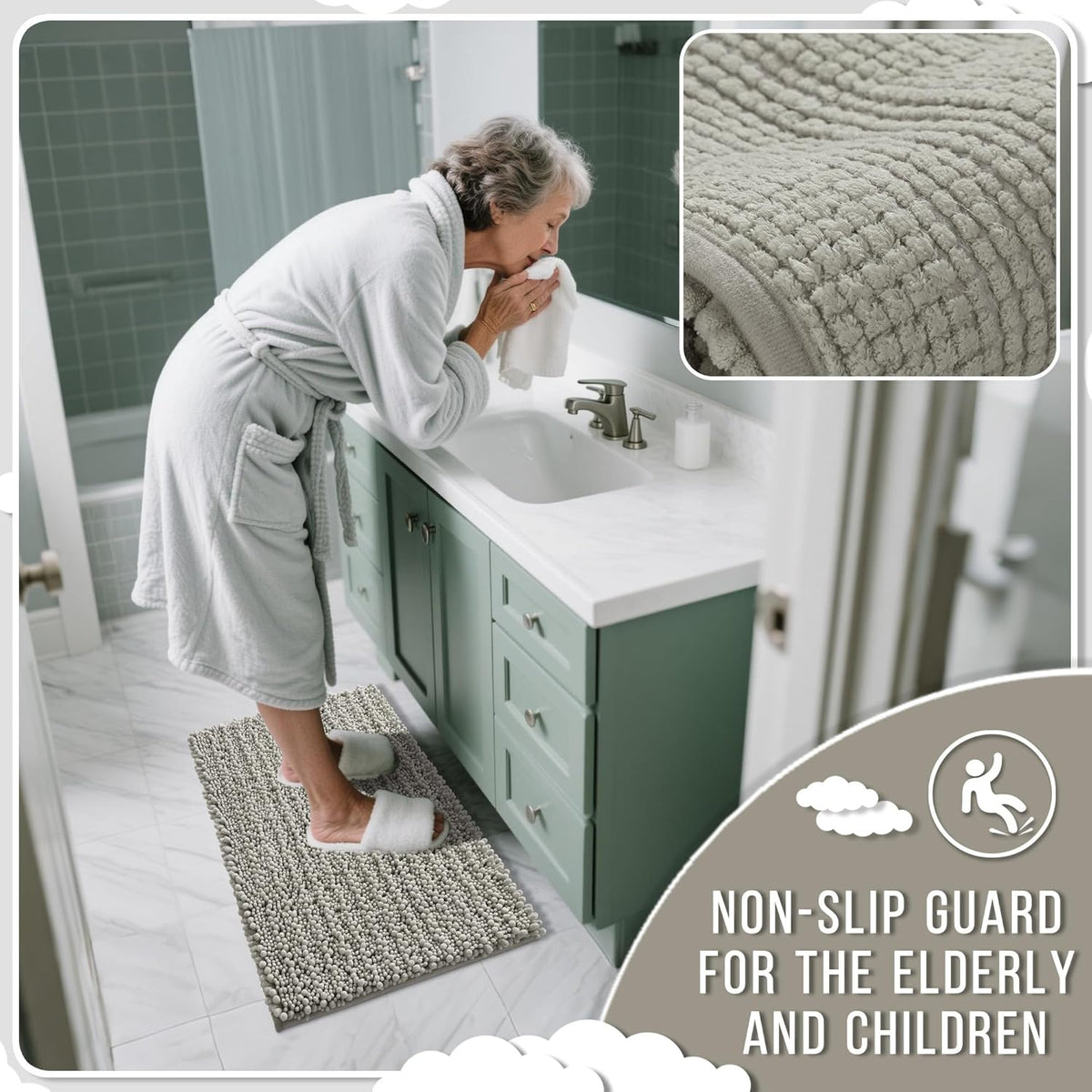 Yimobra Large Bathroom Rugs Non Slip Washable 36x24 Inch - Ultra Soft Absorbent Chenille Bath Mat, Quick Dry Shaggy Floor Carpet for Tub Shower, Sand Home Decor Accessories