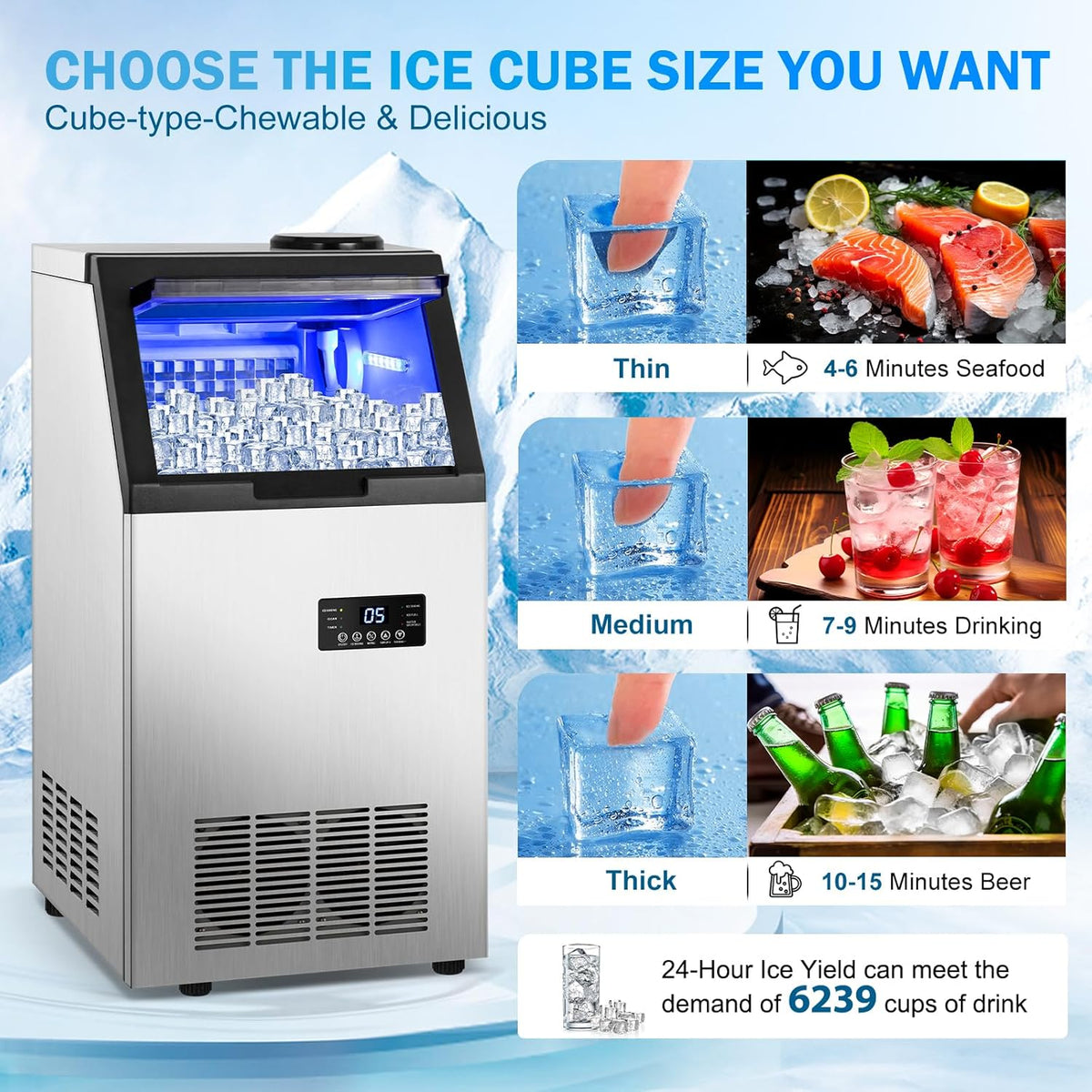 Commercial Ice Maker Machine 155Lbs/24H, 15" Wide Under Counter/Freestanding Ice Machine, 45 Ice Cubes in 4-15 Mins, 35Lbs Ice Storage, 2 Water Supply Modes, Built-in Ice Maker for Home, Bar, Outdoor