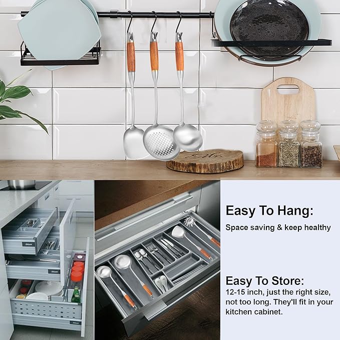 18/10 Stainless Steel Kitchen Utensils Set with Wooden Handle for Cooking 9 PCS with Solid and Slotted Spoon, Fork, Spatula, Ladle, Skimmer, Slotted Tunner, Spaghetti and Large Spoon