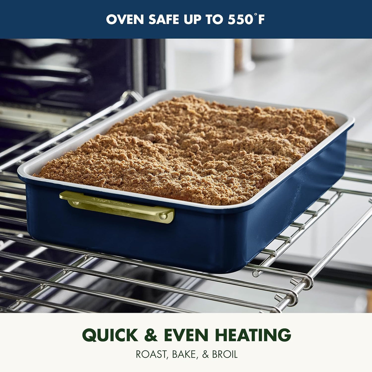 GreenPan Bakeware 13" x 9" Quarter Sheet Pan, Ceramic Nonstick Baking Pan, PFAS & BPA Free, Gold Handles, Durable Steel, Versatile & Space Saving Ovenware, Freezer to Oven Dish, Oxford Blue
