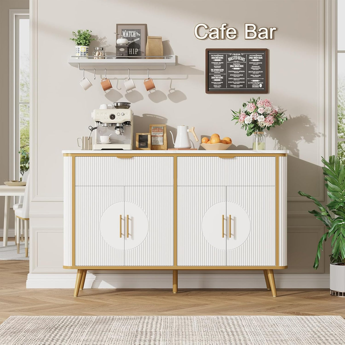 47.2" Buffet Storage Cabinet, Modern Fluted Coffee Bar Station with 2 Drawers & Adjustable Shelves, Kitchen Sideboard Buffet for Dining Room, Living Room, Hallway, White