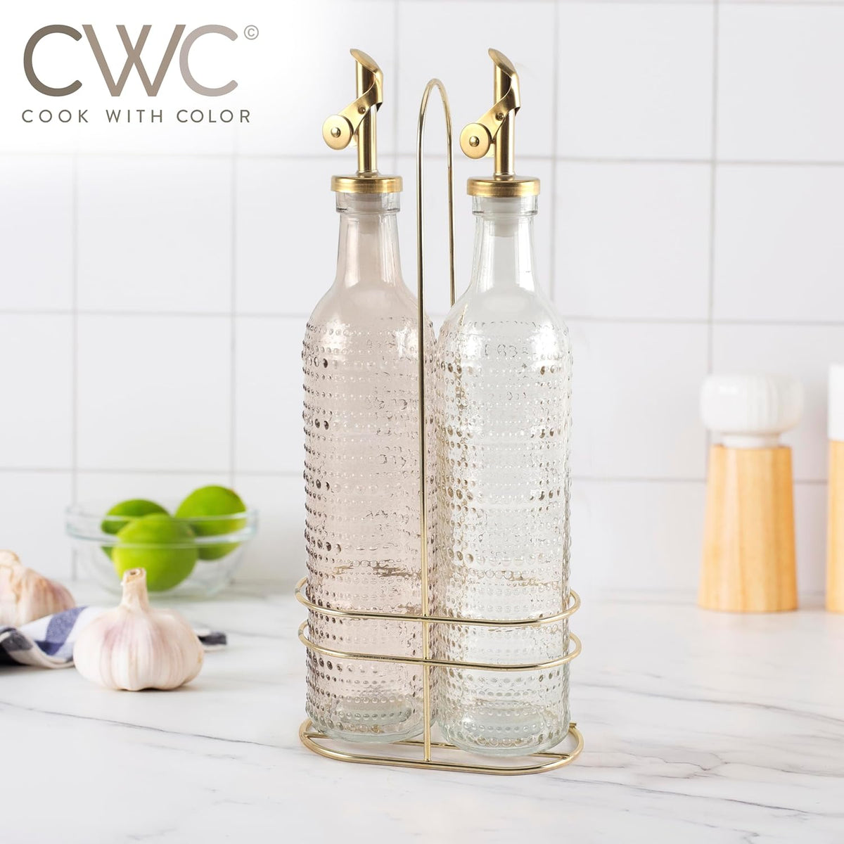 COOK WITH COLOR Glass Olive Oil Bottle Dispenser - 2 Pack- 17oz Oil and Vinegar Cruet - Olive Oil Carafe Decanter for Kitchen