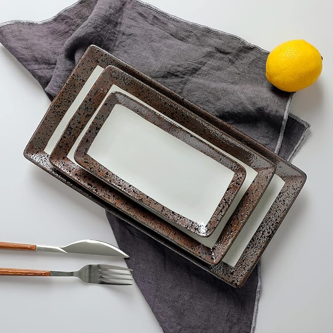 Stone Lain Lucy Porcelain 3-Piece Rectangle Serving Plate Set, Beige