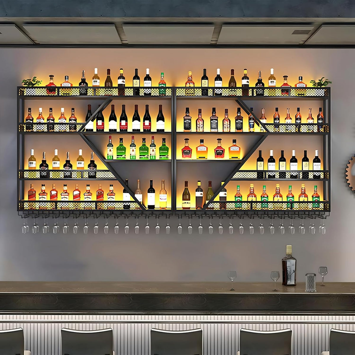 63in Metal Wine Rack Wall Mounted, Modern Wine Storage Rack Wall Mounted with Wine Glass Holder, Liquor Shelf, Bar Shelves for Liquor Bottles (4 Tiers Black, 63 * 7.87 * 48.5INCH)