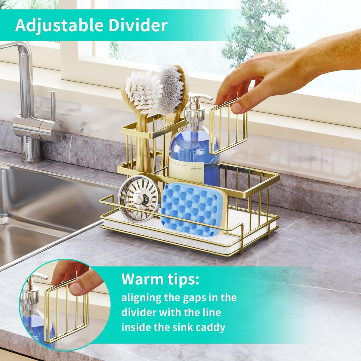 HapiRm Sink Caddy Sponge Holder - Kitchen Sink Organizer with Instant Drying Stone and Brush Holder, Stainless Steel Sponge Caddy for Kitchen Countertop - Gold