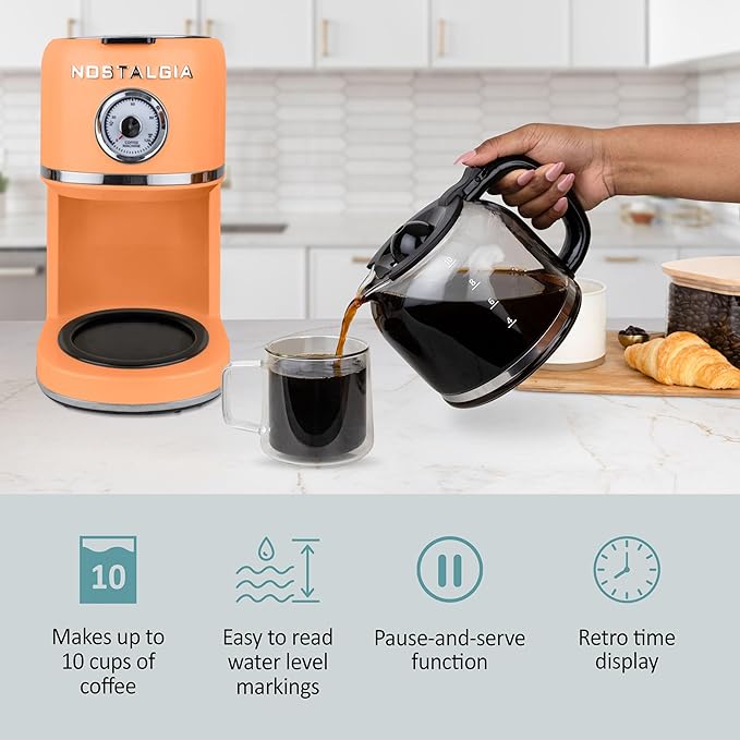 Nostalgia Classic Retro 10 Cup Coffee Maker - One-Touch Drip Brew, Reusable Filter - Anti-Drip, Auto Shutoff, & Time Display - Dishwasher Safe 50 oz Carafe - Orange