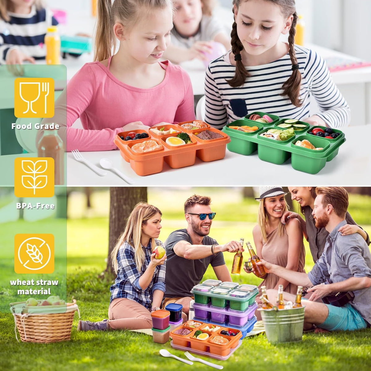 4-Pack Bento Box & Snack Containers for Kids & Adults | 6-Compartment with 4 Sauce Cups | BPA-Free, Dishwasher Safe | Ideal for School, Office, Picnic & Travel (38oz/1100ml)