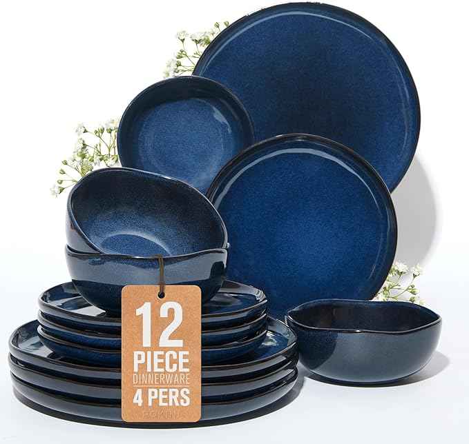 Ceramic Dinnerware Sets, Microwave Safe Plates and Bowls Sets, Kitchen Dishes Set for 4, Unbreakable & Dishwasher Safe Tableware, Everyday Use, Starry Blue
