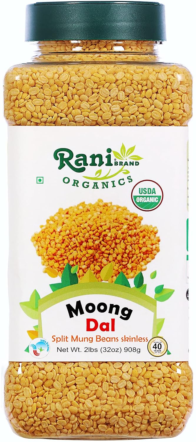 Rani Organic Moong Dal (Split Moong Beans Skinless) Indian Lentils 32oz (2lbs) 908g PET Jar ~ All Natural | Vegan | Gluten Friendly | NON-GMO | Indian Origin | USDA Certified Organic