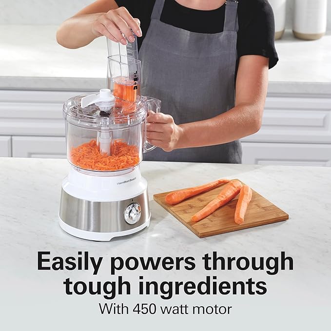 Hamilton Beach Food Processor & Vegetable Chopper for Slicing, Shredding, Mincing, and Puree, 10 Cups + Easy Clean Bowl Scraper, White and Stainless Steel (70733)