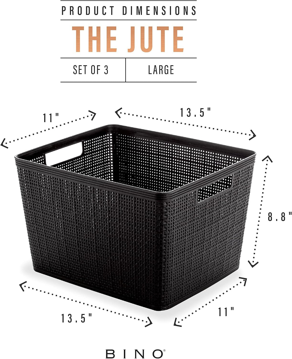 BINO | Woven Plastic Basket | Large (Black), 3-Pack | THE JUTE COLLECTION | Home Organization, Space - Saving Storage, Stylish Design | Jute Basket | Plastic Storage Basket