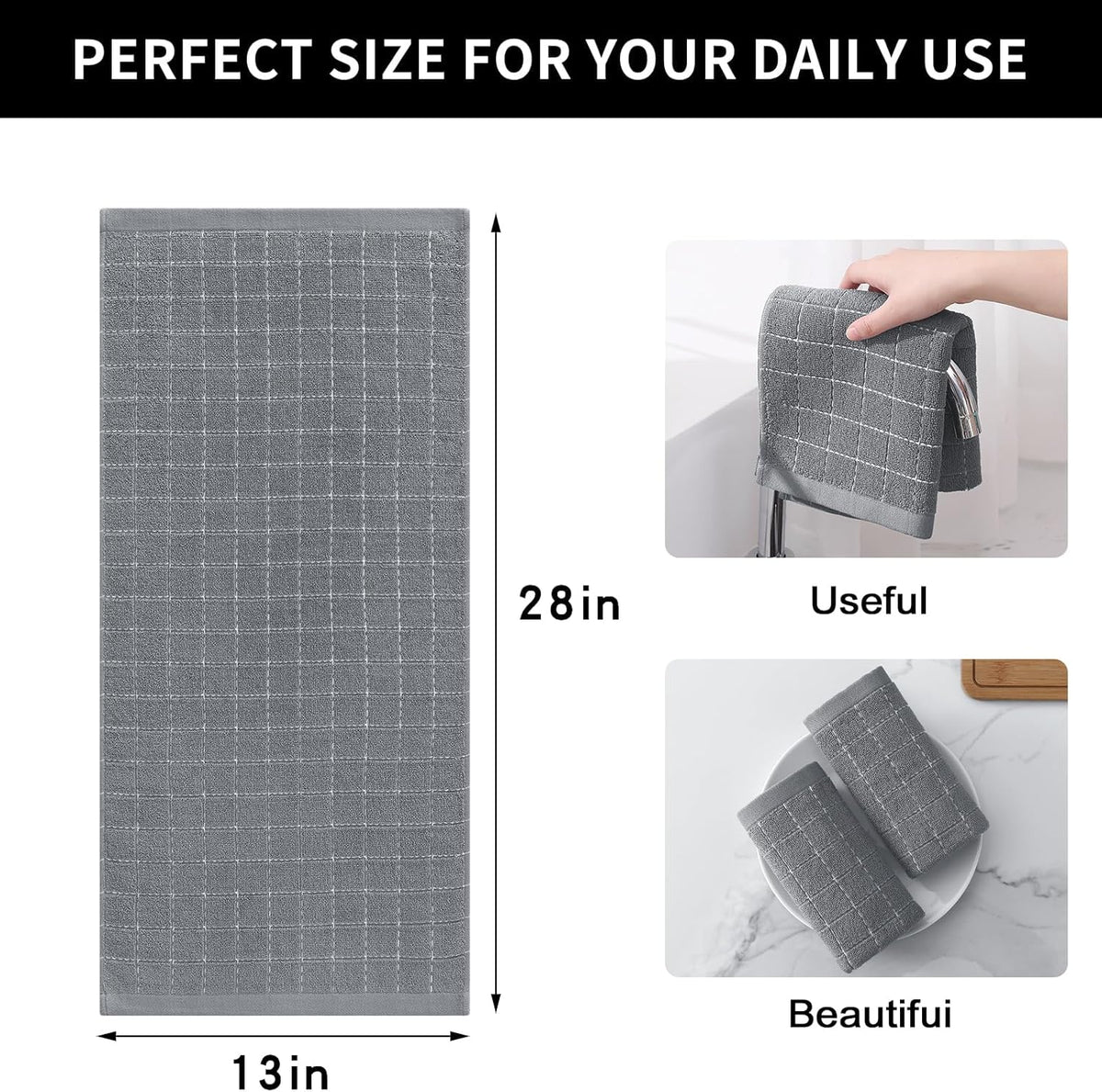 Homaxy 100% Cotton Terry Kitchen Towels(Grey, 13 x 28 inches), Checkered Designed, Soft and Super Absorbent Dish Towels, 8 Pack