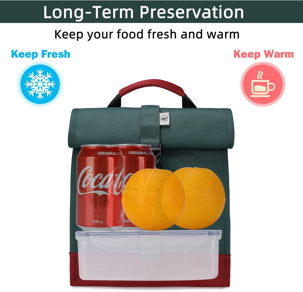 SUNNY BIRD Insulated Lunch Bag Rolltop Lunch Box Tote Lunchbox Bag for Women, Men, Adults and Teens (Green)