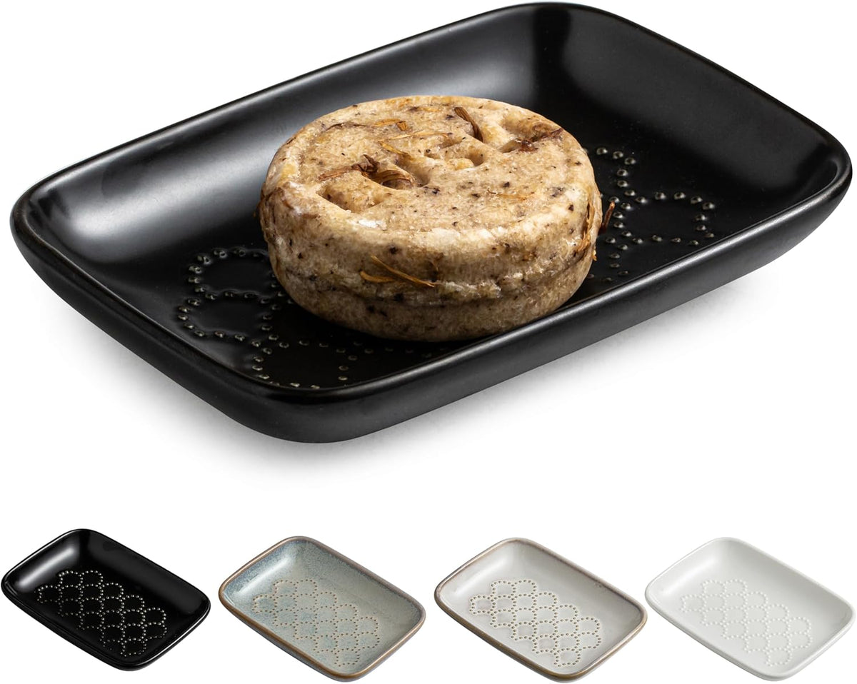 Gomakren Soap Dish for Shower, Ceramic Soap Dishes for Bar Soap Sponge, Halloween Shower Soap Holder Saver Tray for Bathroom Kitchen Sink, Easy to Clean, Black