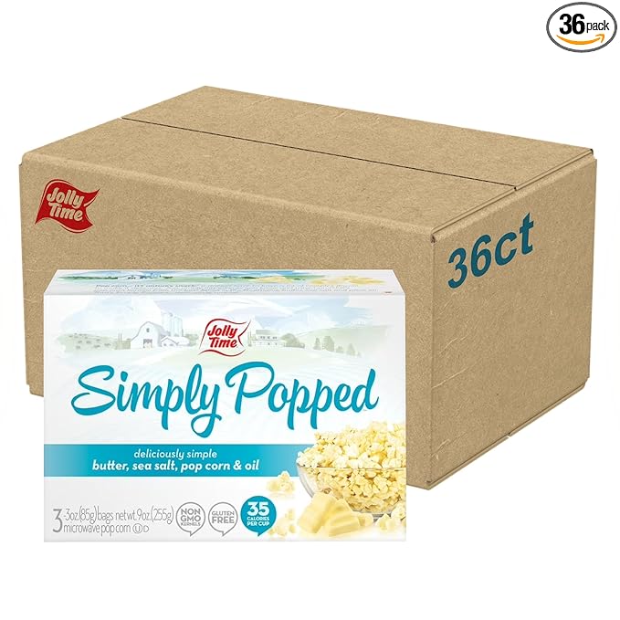 Jolly Time Simply Popped - Lightly Salted Microwave Popcorn, 3oz Sharing Bag, 3 Bags Per Carton (Simply Popped Butter, 3 Ounce (Pack of 36))