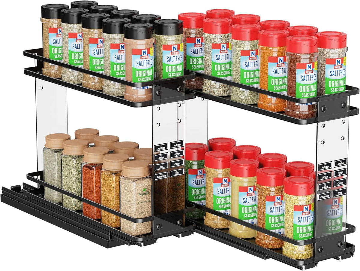 Nieifi Pull Out Spice Rack Organizer, 2 Tiers, Acrylic Transparent, Spice Organization for Cabinet, Height Adjustable, Easy to Install