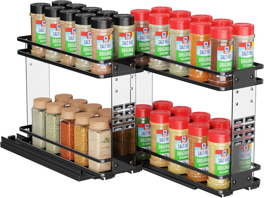 Nieifi Pull Out Spice Rack Organizer, 2 Tiers, Acrylic Transparent, Spice Organization for Cabinet, Height Adjustable, Easy to Install