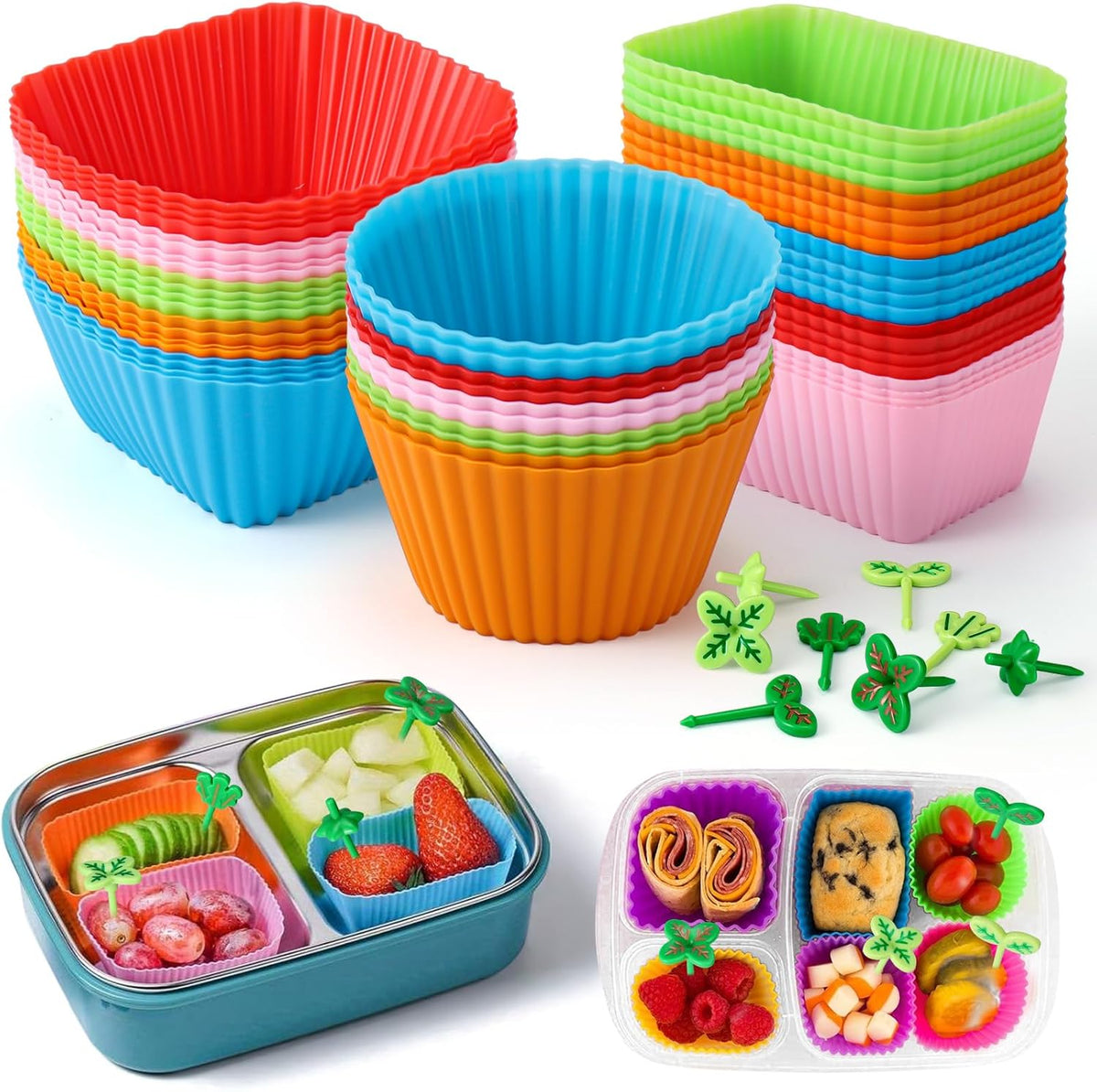 Palksky Bento Box Dividers, 50 Pack Silicone Lunch Box Dividers with 8 PCS Leaf Food Picks, 3 Shapes of Reusable Kids Lunch Accessories, Container To Go