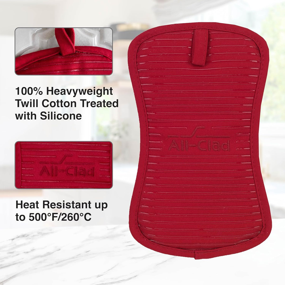 All-Clad Premium Pot Holder & Heating Pad, (2-Pack) Heat Resistant to 500 Degrees, 100% Cotton 10"x6.25" for Kitchen and Barbeque, Chili Red