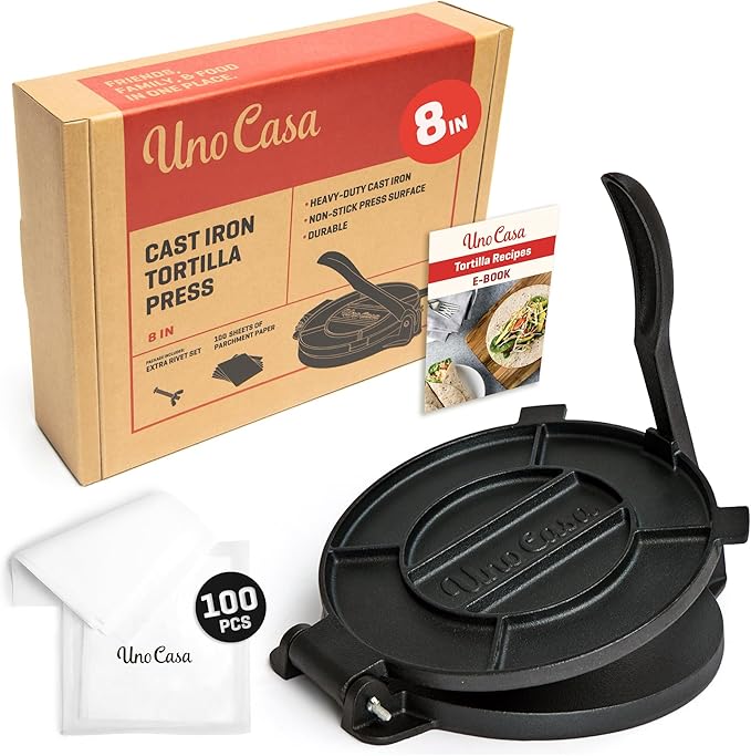 Uno Casa Cast Iron Tortilla Press 8 Inch - Tortilla Maker Press, Pre-Seasoned Roti Maker with 100 Pcs Parchment Paper - Heavy Duty Quesadilla Maker for Homemade Flatbreads, Rotis, Empanadas