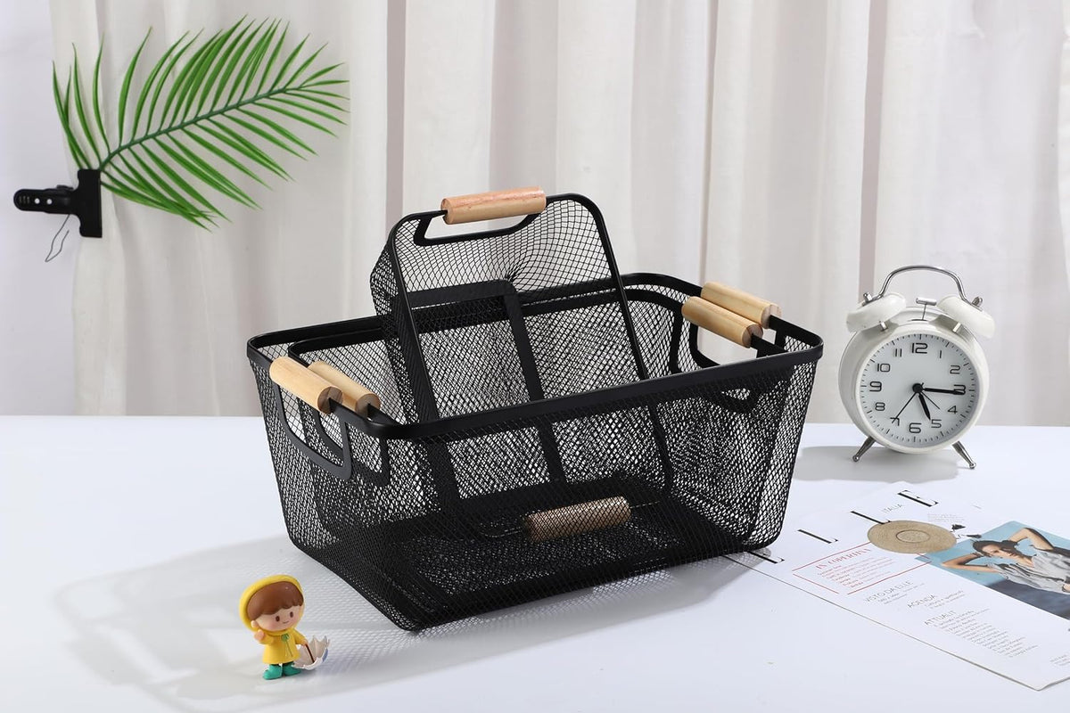 Metal Mesh Steel Basket, Small Wire Storage Organizer Basket Multi-function Hanging Kitchen Basket with Wood Handle for Kitchen Bathroom Picnic Home, Rectangle-Black