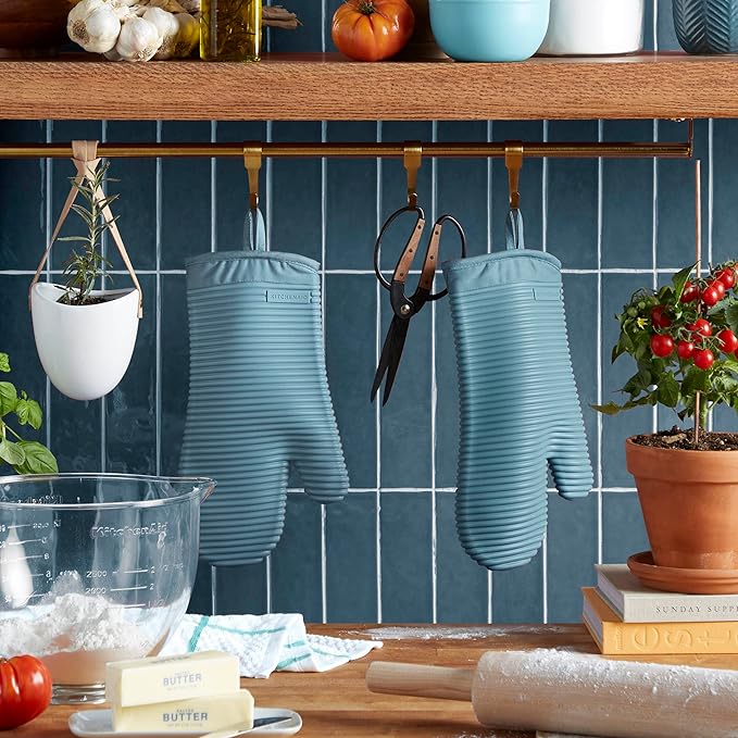 KITCHENAID Ribbed Soft Silicone Oven Mitt 2-Pack Set, 7.5"x13", Fog Blue