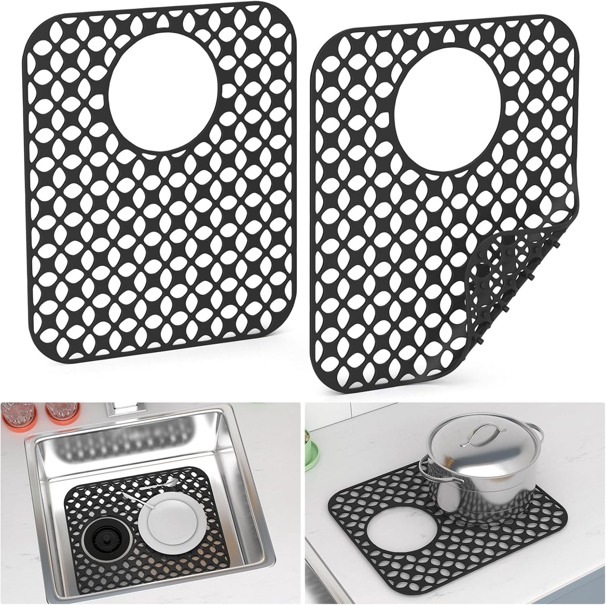 TOOVEM Kitchen Sink Mats, 2PCS Non-Slip Heat Resistant Silicone Sink Protector Mat, Folding Farmhouse Rear Drain Sink Mats (Type2: Side Drain, Black)