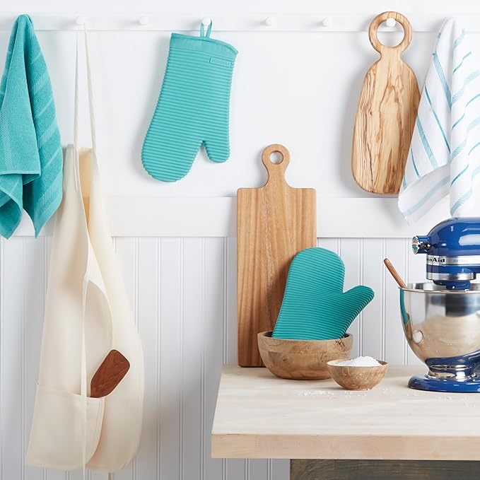 KITCHENAID Ribbed Soft Silicone Oven Mitt 2-Pack Set, 7.5"x13", Aqua Sky