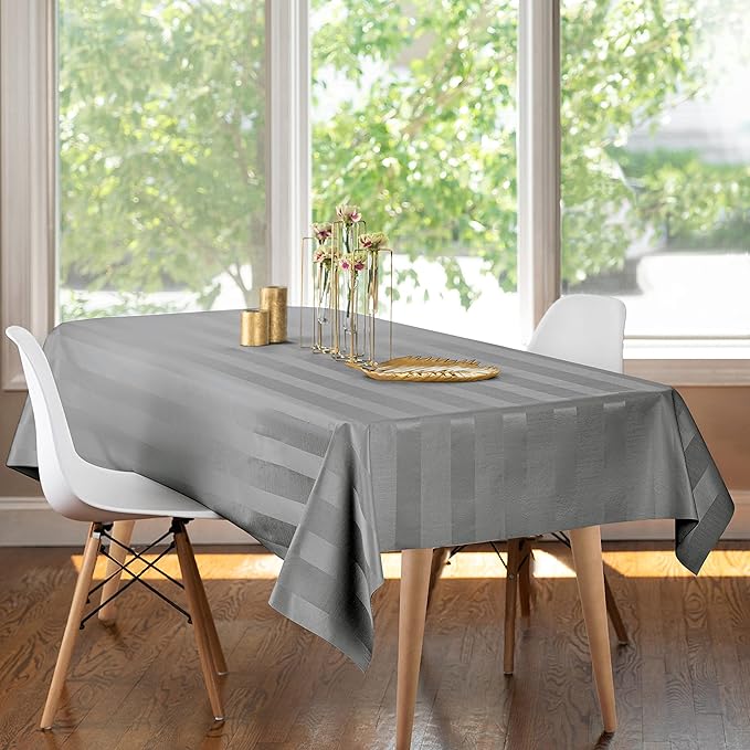 Luxury Table Protector Pad, 2 in 1 Table pad + Great Looking Tablecloth - Heat Resistant, Spill & Stain Proof - Flannel Backing (54x90, Silver - Silk Stripe)