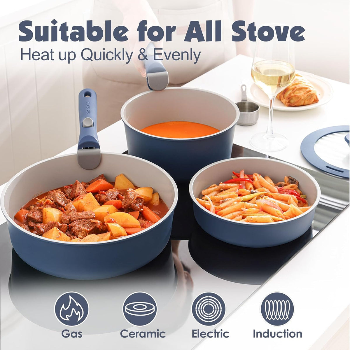 SENSARTE 17 Piece Ceramic Pots and Pans Set, Nonstick Detachable Handle Cookware, Induction Kitchen Cookware Set with Removable Handle, Dishwasher ＆ Oven Safe (Navy)