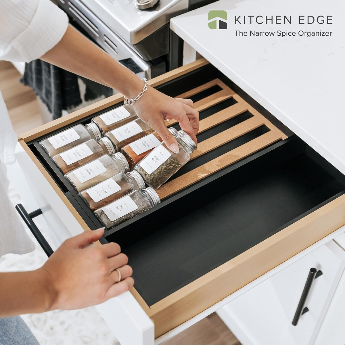 KitchenEdge Spice Drawer Organizer with Expandable Storage. Holds up to 15 Spice Jars (Not Included), Non-Slip Feet, Kitchen Accessory Storage, 100% Sustainable Bamboo Wood, Food-Safe Black Finish
