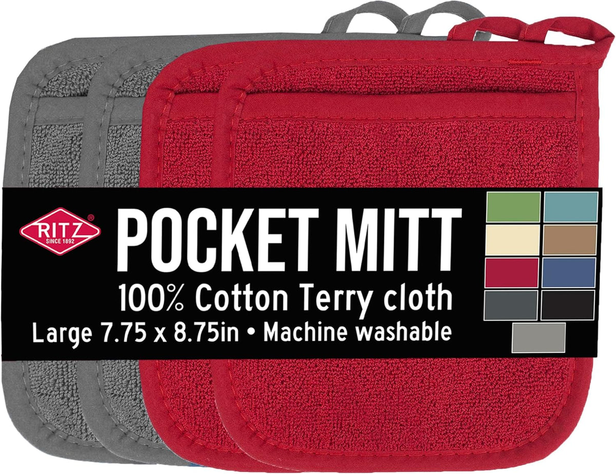 RITZ Terry Pocket Mitt & Hot Pad: Unparalleled Heat Resistant, Durable 100% Cotton – Ergonomically Designed for Optimal Grip – Easy-Care Machine Washable – 4-Pack, Graphite/Paprika