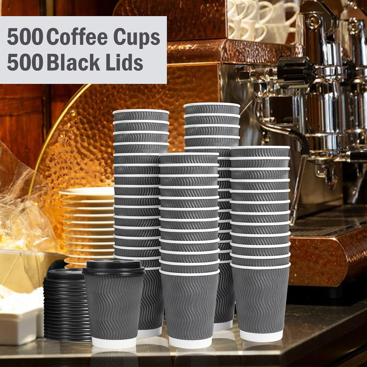 Lamosi 500 Pack - 12 oz Insulated Disposable Coffee Cups with Lids, To Go Paper Coffee Cups with Lids, Corrugated Ripple Wall Cup for Hot Drink Office Coffee Bar (Grey)