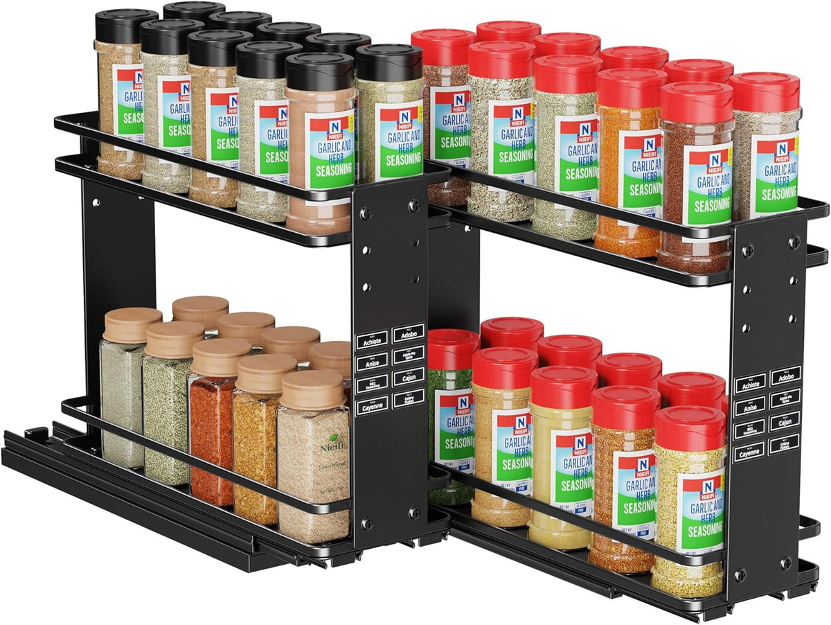 Nieifi Pull Out Spice Rack Organizer, 2 Tiers, Black, Spice Organization for Cabinet, Height Adjustable, Easy to Install
