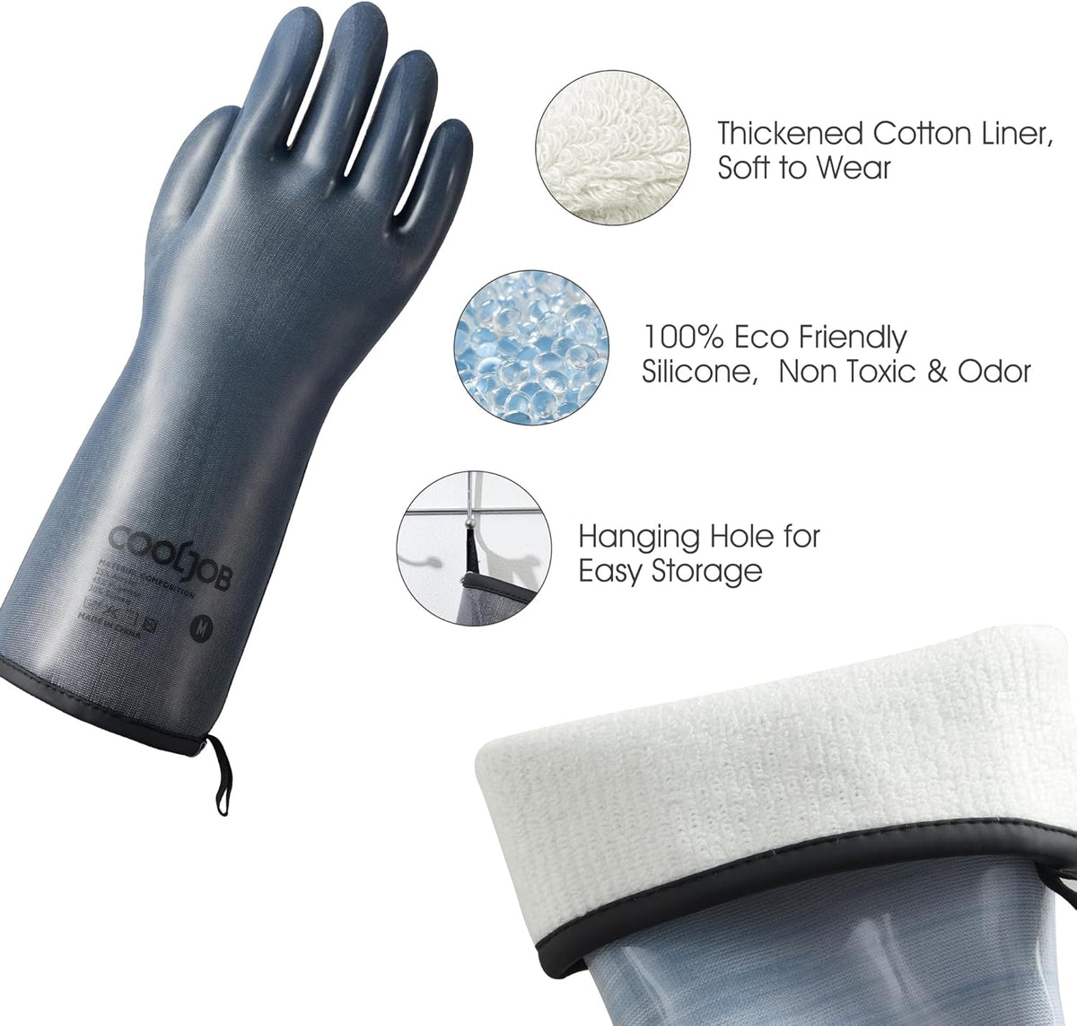 COOLJOB Heat Resistant Oven Gloves, Waterproof Liquid Silicone BBQ Grilling Gloves for Barbecue, Kitchen Cleaning, Baking, Food Contact, Black, Medium