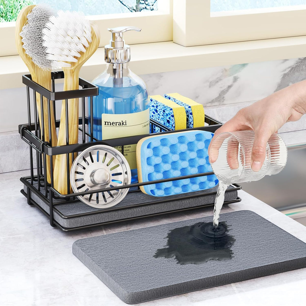 HapiRm Sink Caddy Sponge Holder - Kitchen Sink Organizer with Instant Drying Stone and Brush Holder, Stainless Steel Sponge Caddy for Kitchen Countertop - Black
