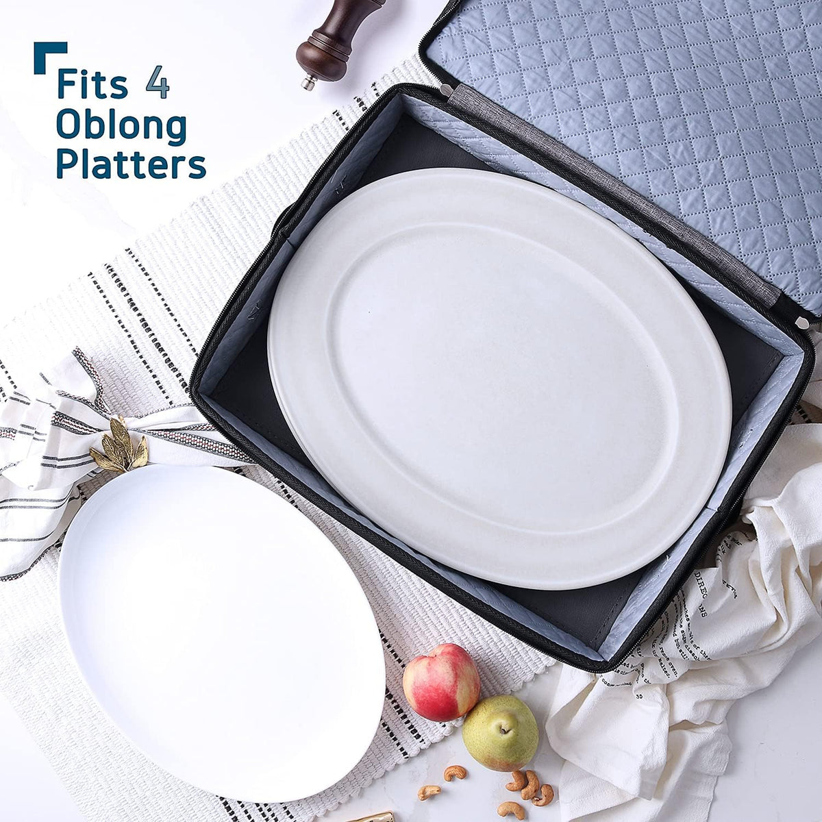 Platter Storage Case, Fine China Storage Containers Hard Shell, Quilted and Stackable 16”x 12.5”x 3.5” Platter Storage Container with Zipper, Handles and Felt Dividers for Moving and Seasonal Storage