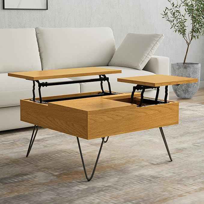 SIMPLIHOME Hunter Lift Top Coffee Table - 32 inch Wide Oak Veneer and Metal Industrial Square Lift Top Cocktail Table in Oak, Living Room Table with Dual Lift Tops, Hidden Storage and Hairpin Legs