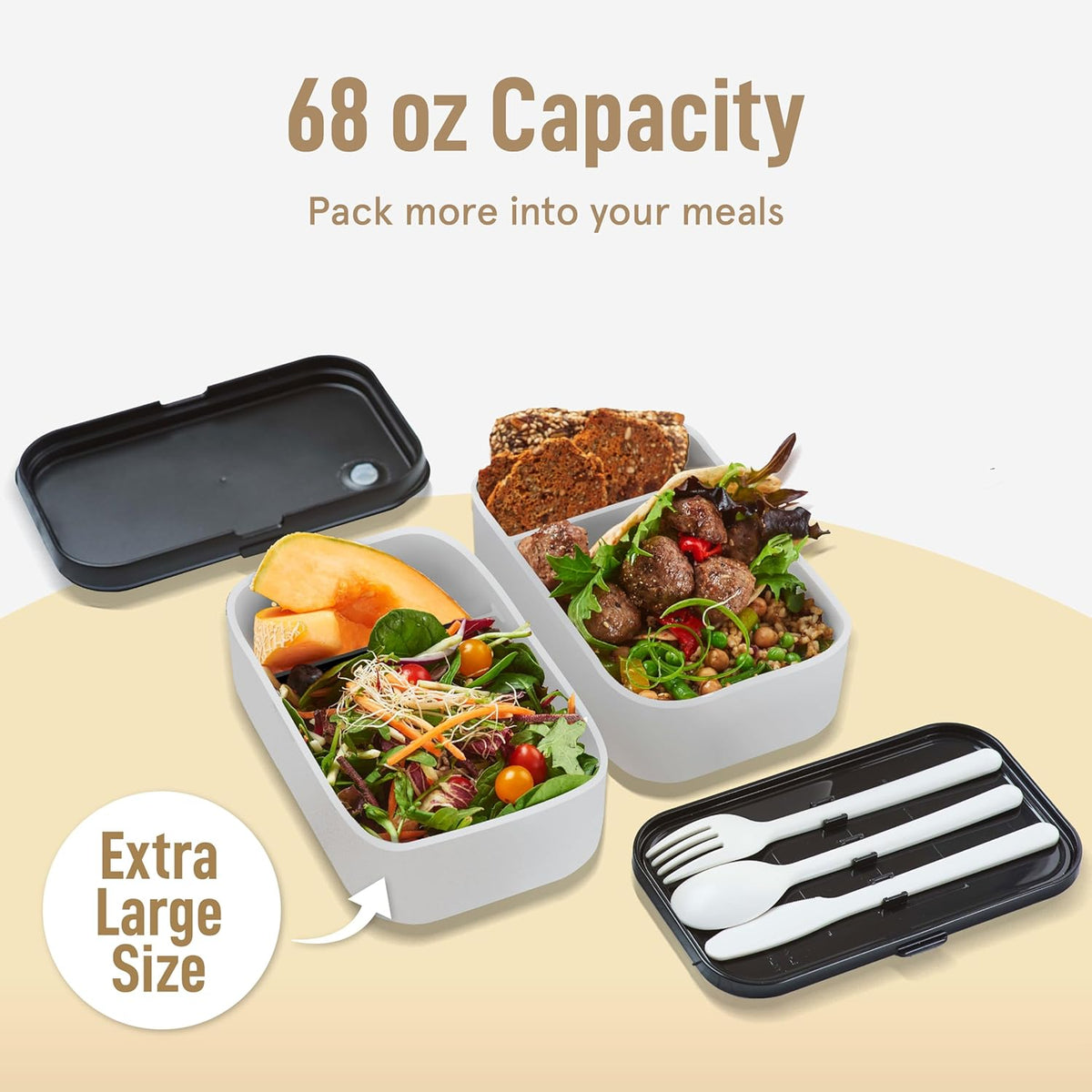 Double Premium Bento Box Adult, 67 fl oz BPA-Free - Cream Stackable Lunch Box with Leak-Proof Lids & Dividers, Perfect for Meal Prep, Lunches & Portion Control