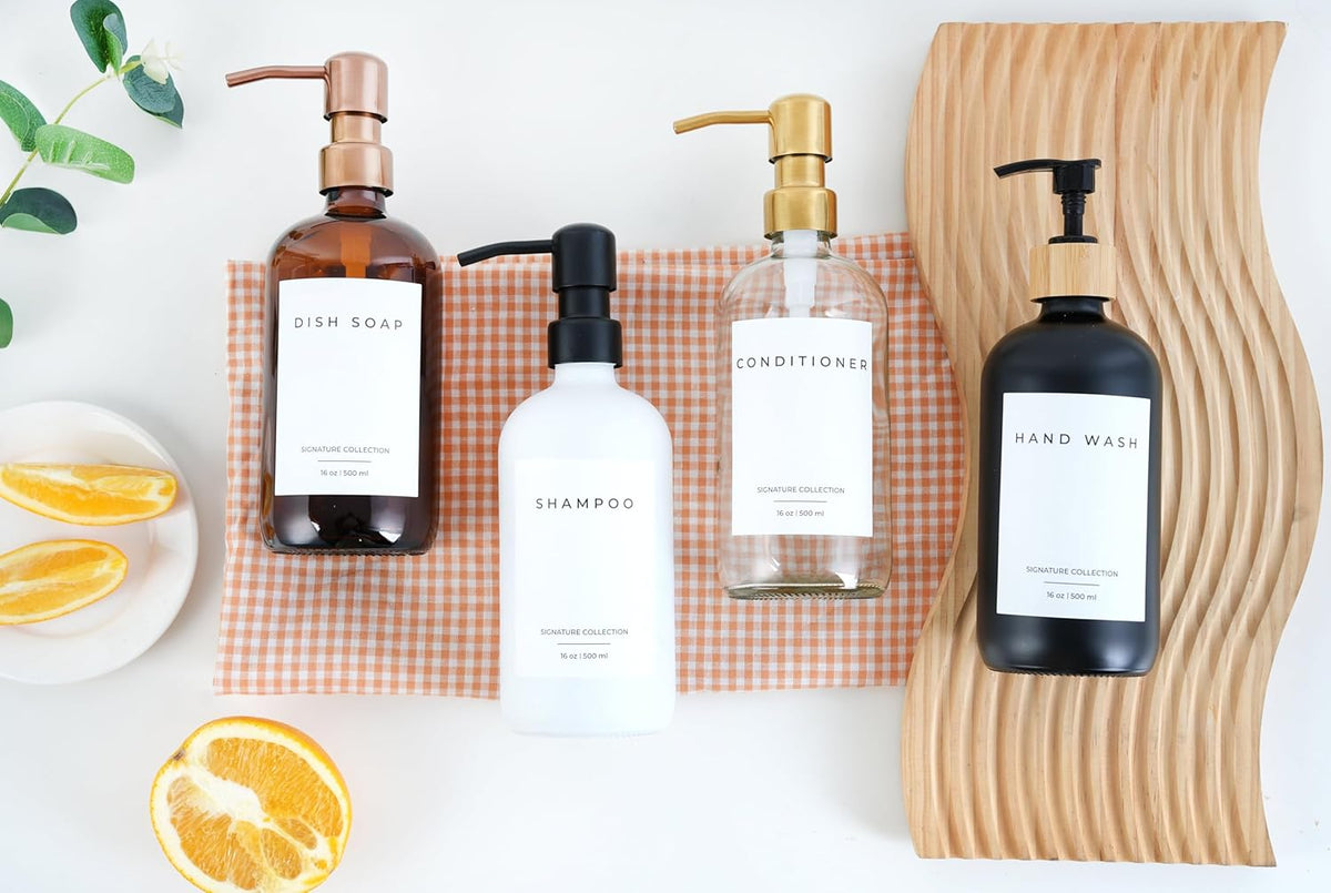Emerson Essentials Soap Dispensers, Dish Soap Set for Kitchen, Farmhouse Bathroom Set, Hand Soap Dispenser | Glass Soap Dispenser with Pump and Labels, 16 Oz, 2 Pack