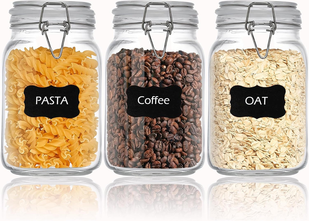 Clear Food Storage Jars 50oz Square, Airtight Glass Canister with Lids Set of 3, Kitchen & Pantry Organization Food Storage Container for Canning, Sugar, Flour, Candy, Cereal, Coffee