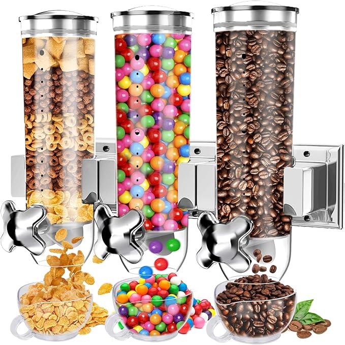 Food Dispenser Wall Mounted Grain Dispenser, Cereal Dispenser with Cup, Dry Food Dispenser Wall Mounted Triple Cereal Dispenser, Candy Dispenser Grain Dispenser for Kitchen Store Nut Coffee Beans 4.5L