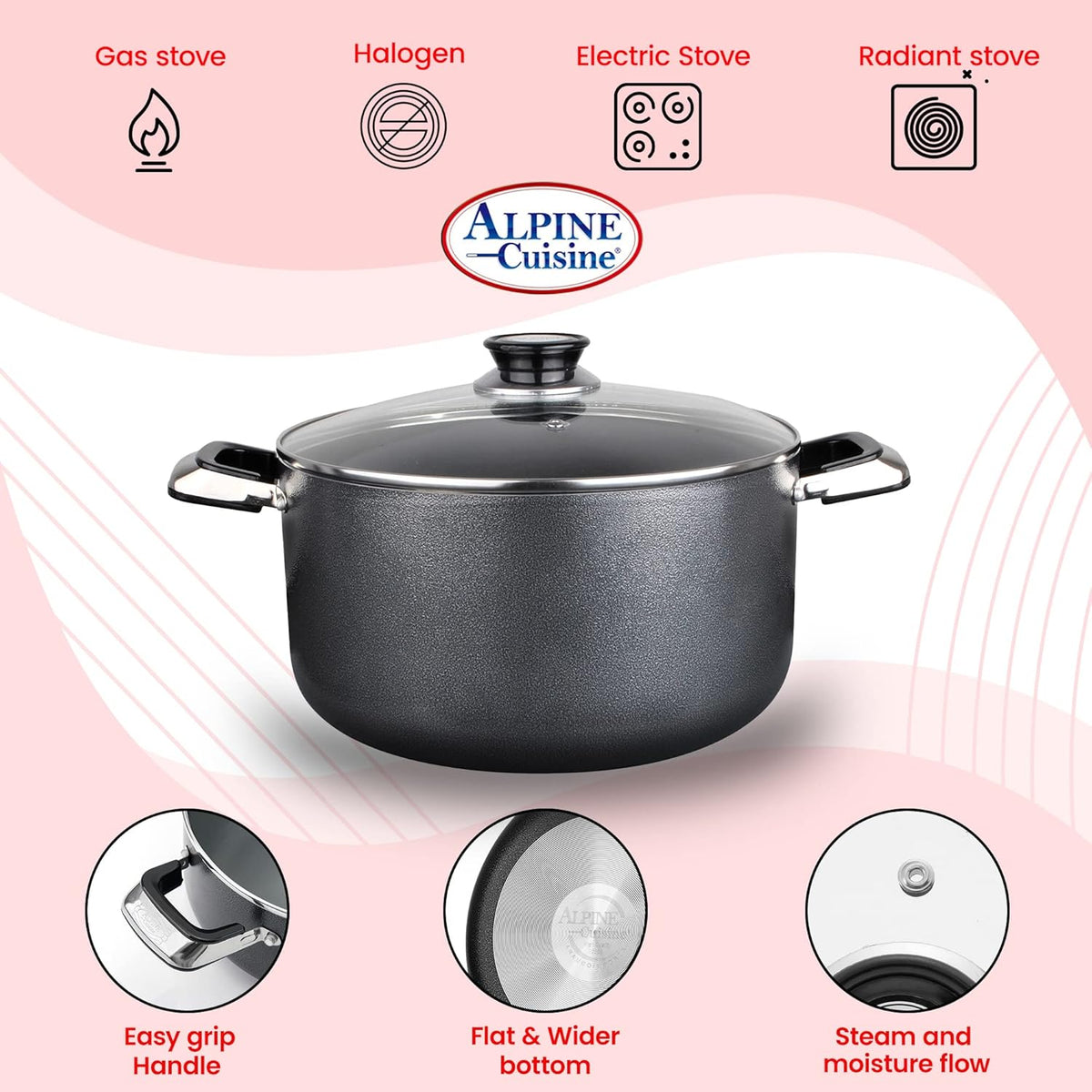 Alpine Cuisine 24 Quart Non-stick Stock Pot with Tempered Glass Lid and Carrying Handles, Multi-Purpose Cookware Aluminum Dutch Oven for Braising, Boiling, Stewing