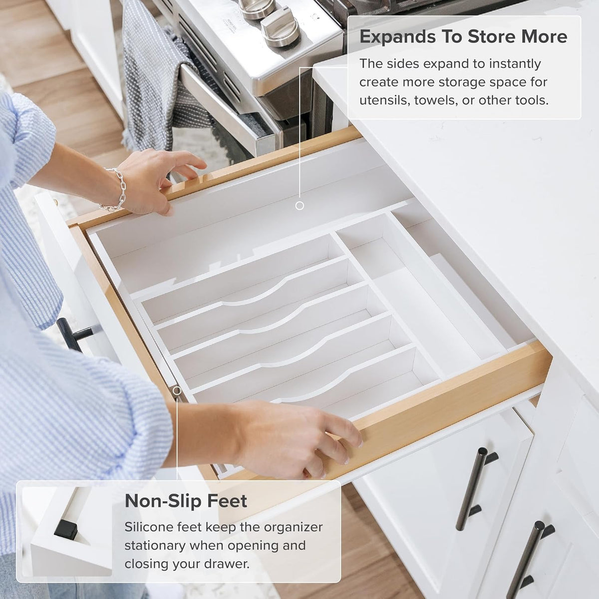 KitchenEdge Premium Silverware, Flatware and Utensil Organizer for Kitchen Drawers, Food-Safe Contract Grade, Expandable from 10.5 to 19 In, White Bamboo
