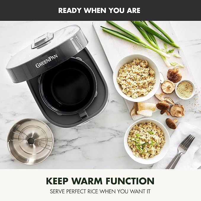 GreenPan Carb Reducing Electric Rice Cooker, 4 Cups Uncooked/8 Cooked Rice, 10 Presets, LED Display, Healthier Meals, Delay Timer, PFAS-Free Ceramic Nonstick Removable Bowl, Cool Touch, Steam, Graphite
